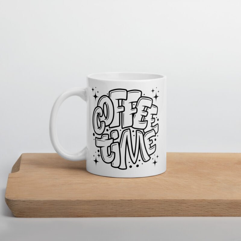 Coffee ceramic mug with text design - Coffee Time - Ceramic mug placed on flat surface - 11 oz