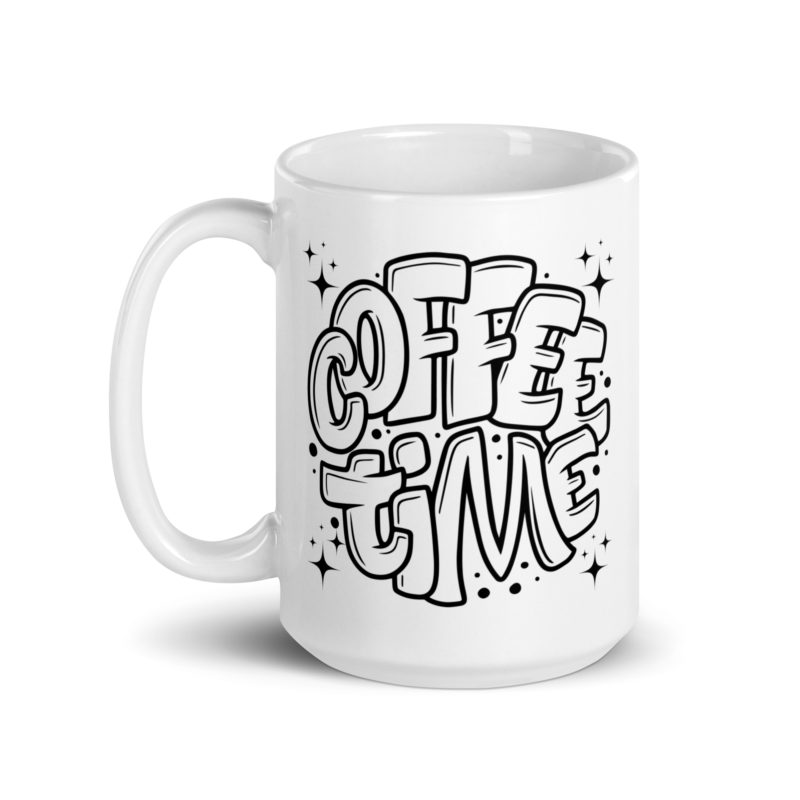 Coffee mug with text design - Coffee Time - Ceramic mug - Handle on left - 15 oz