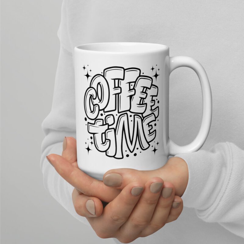 Coffee mug with text design - Coffee Time - Ceramic mug placed on palm of hand - 15 oz