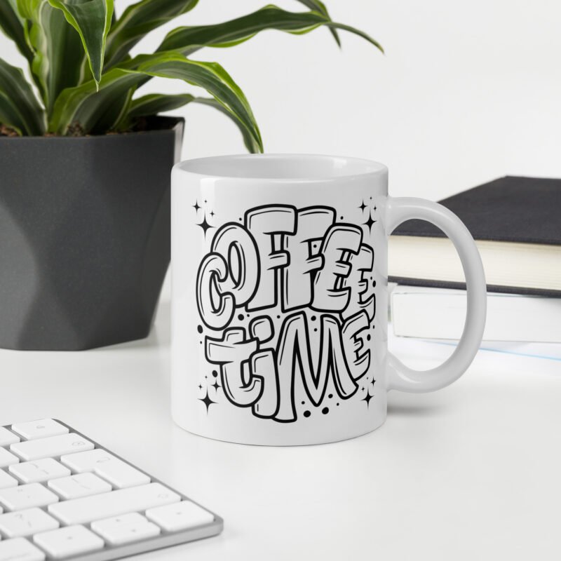 Coffee mug with text design - Coffee Time - Ceramic white mug placed on table - 11 oz