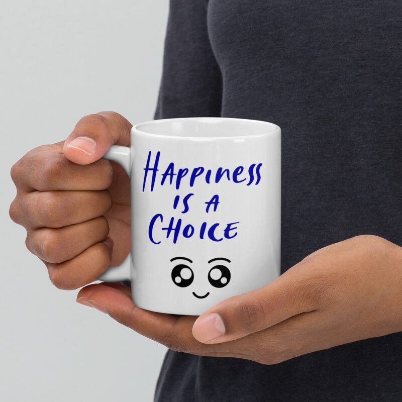 Positive Vibes coffee ceramic mug with text and cute smile - Happiness is a choice - Coffee mug held in hand - 11 oz