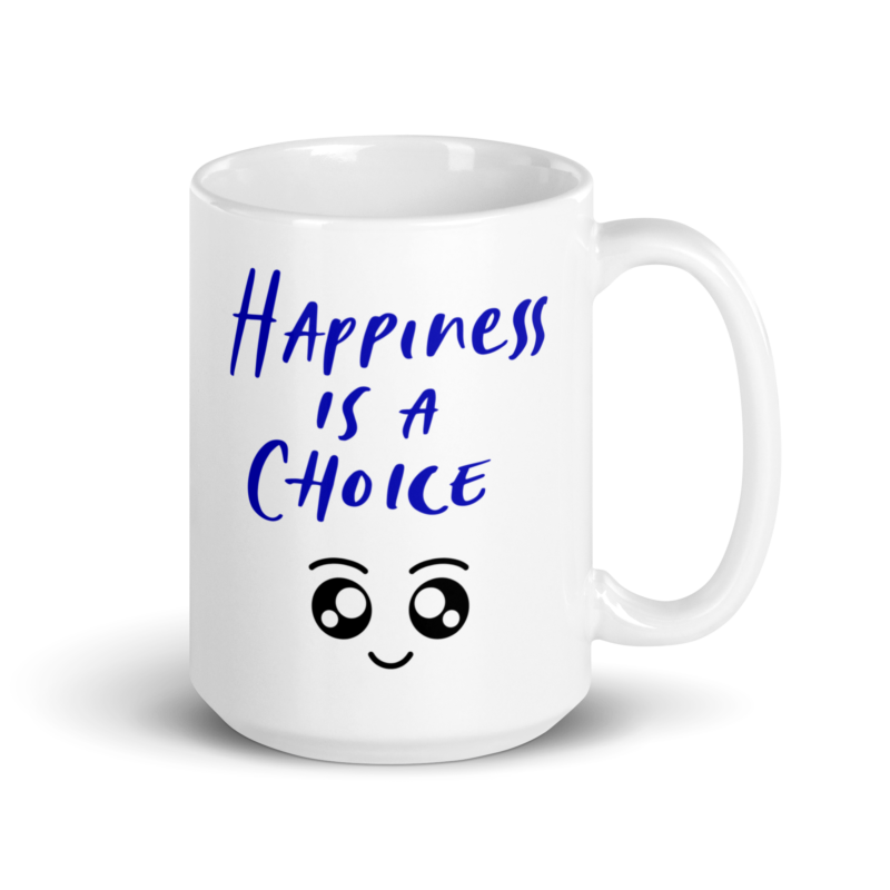 Positive Vibes coffee mug with text and cute smiley - Happiness is a choice - Coffee mug - Handle on right view - 15 oz