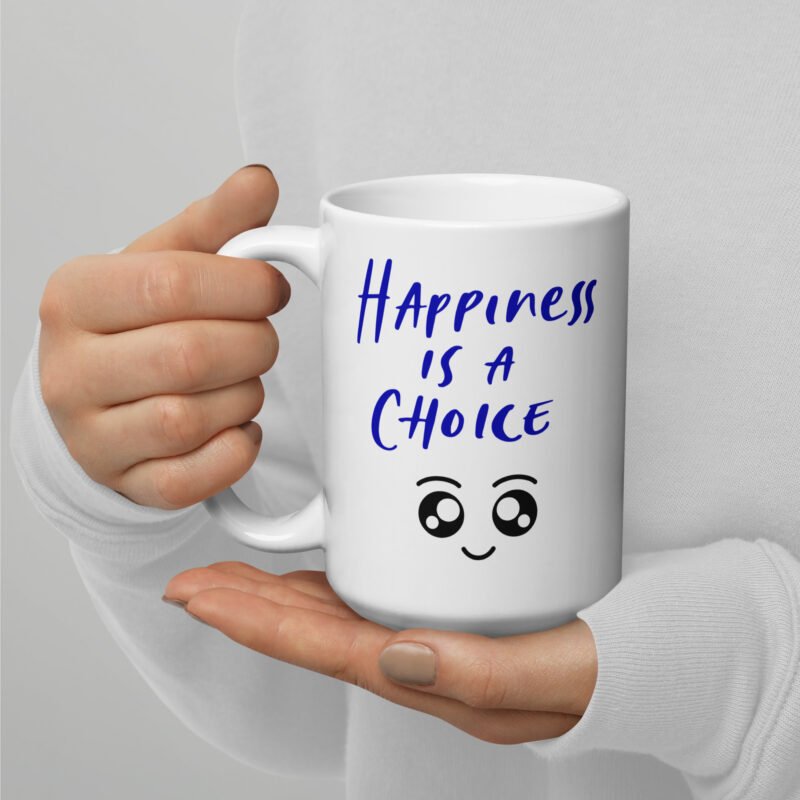 Positive Vibes - Coffee white mug with text and cute smiley - Happiness is a choice - Coffee mug - Held in hand - 15 oz