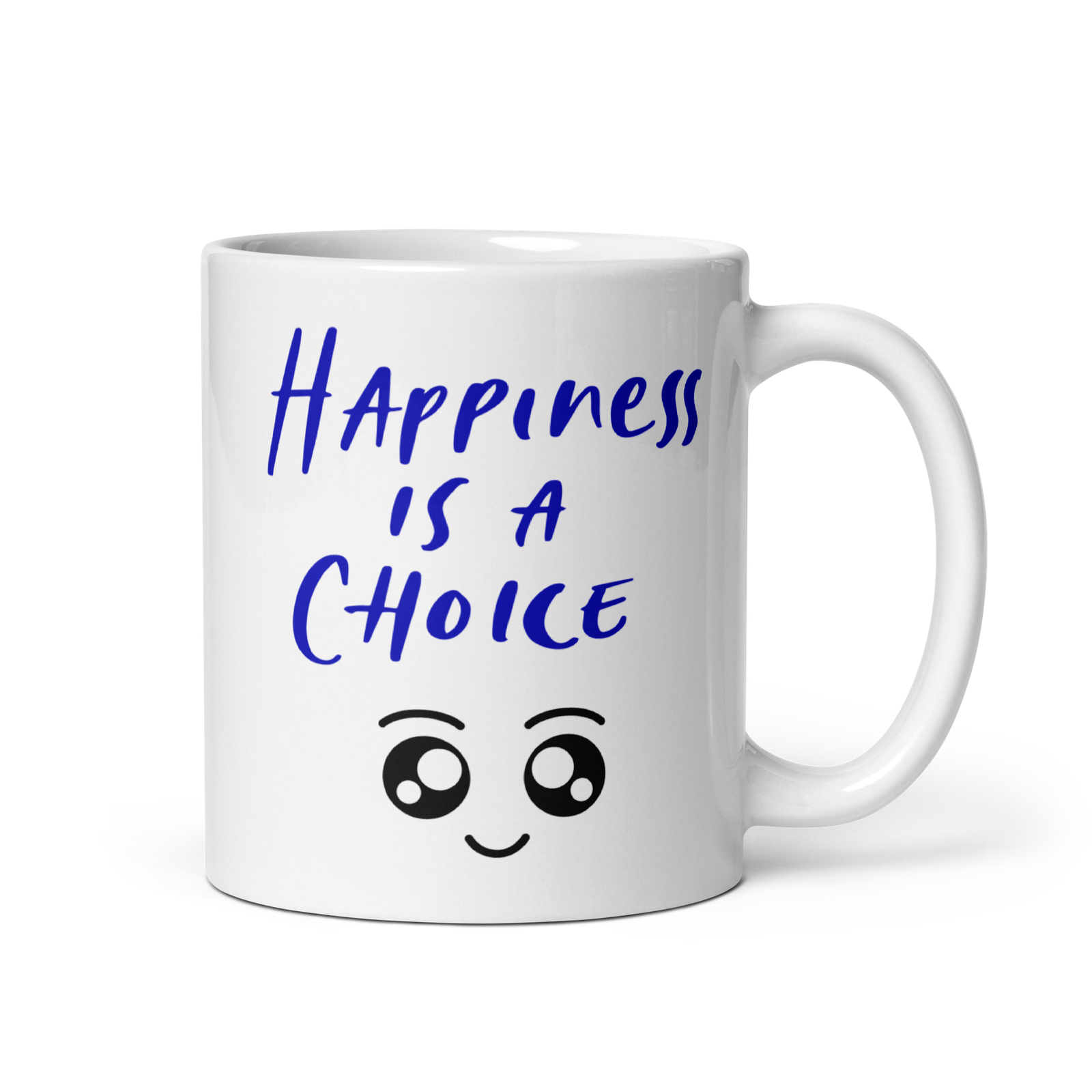 Positive Vibes mug with text and cute smiley - Happiness is a choice - Coffee mug - Handle on right view - 11 oz