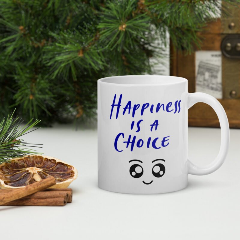 Positivity ceramic tea mug with text and cute smiley - Happiness is a choice - White coffee mug - 11 oz