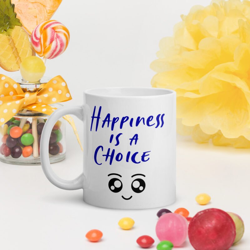 Positivity coffee tea mug with text and cute smiley - Happiness is a choice - Coffee mug placed on flat surface - 11 oz