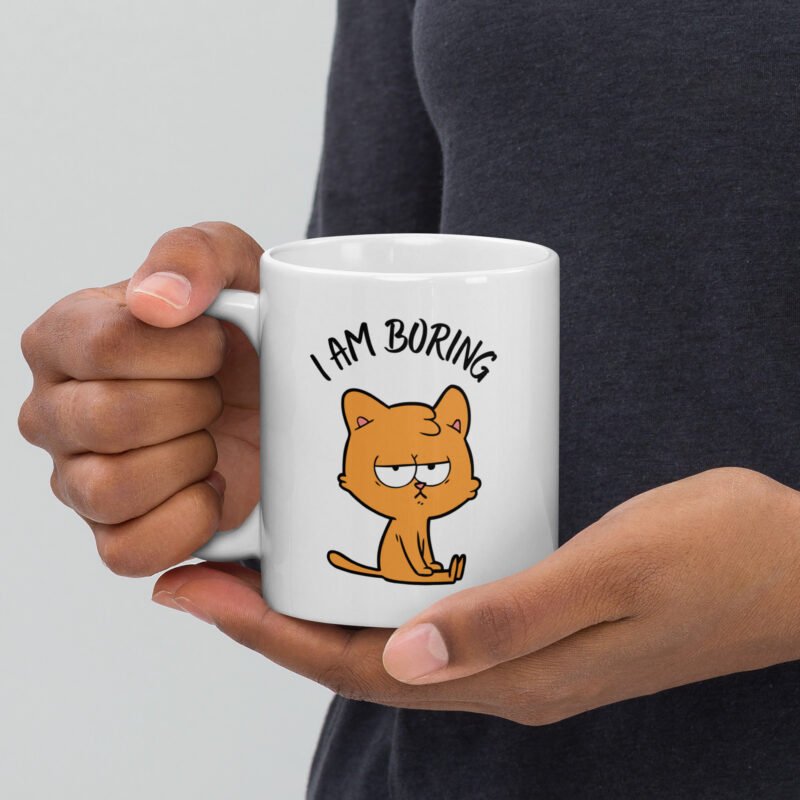 White ceramic mug with funny text and cat - Mug held in hand - 11 oz