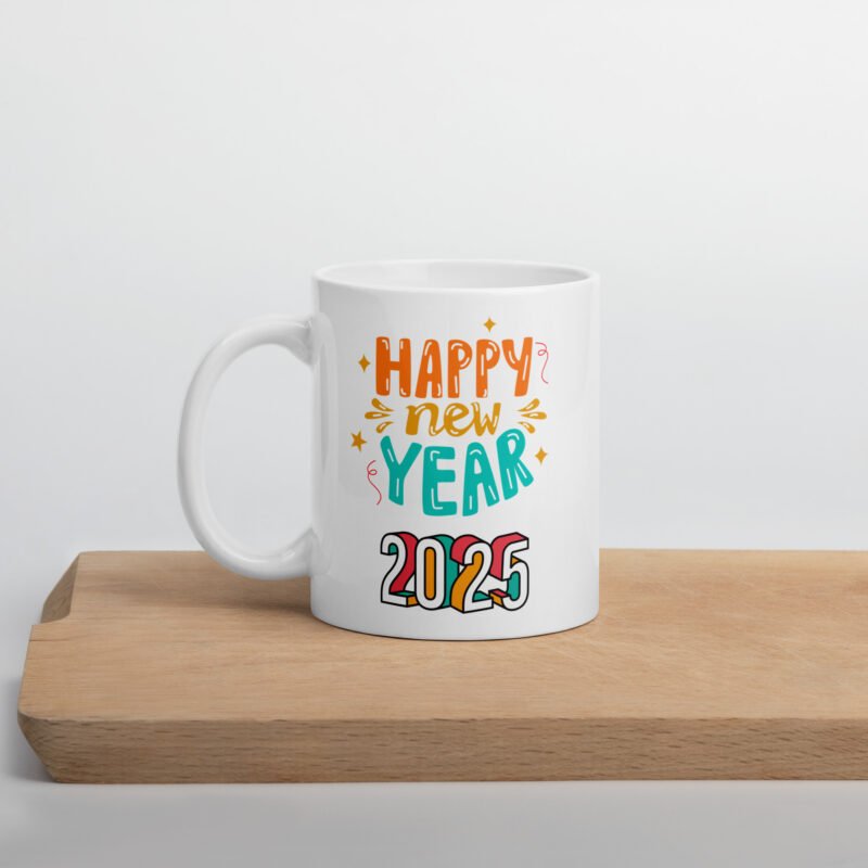 Happy New Year 2025 - Coffee mug - Ceramic white mug - Drinkware placed on flat surface - 11 oz