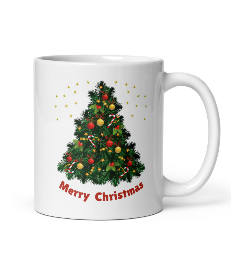 Merry Christmas coffee mug - Ceramic white mug - Handle on right view - 11 oz